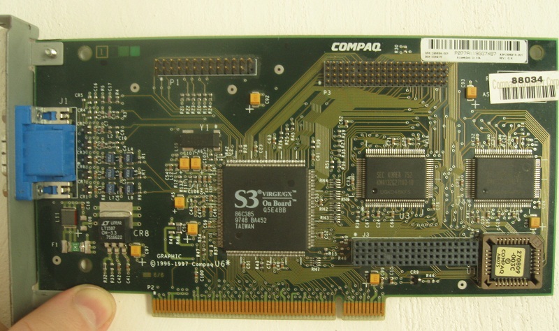 ViRGE GX. Represented by a Compaq card, memory expansion module stripped off. The only difference from DX is higher memory clock of 75 MHz, therefore memory 